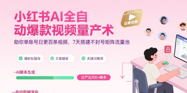 小红书AI全自动爆款视频量产术，助你单账号日更百条视频，7天搭建不封号矩阵流量池-梦帆创业网