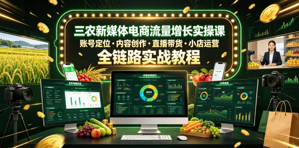 三农新媒体电商流量增长实操课，账号定位・内容创作・直播带货・小店运营，全链路实战教程-梦帆创业网