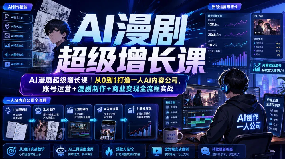 AI漫剧超级增长课｜从0到1打造一人AI内容公司，账号运营+漫剧制作+商业变现全流程实战-梦帆创业网