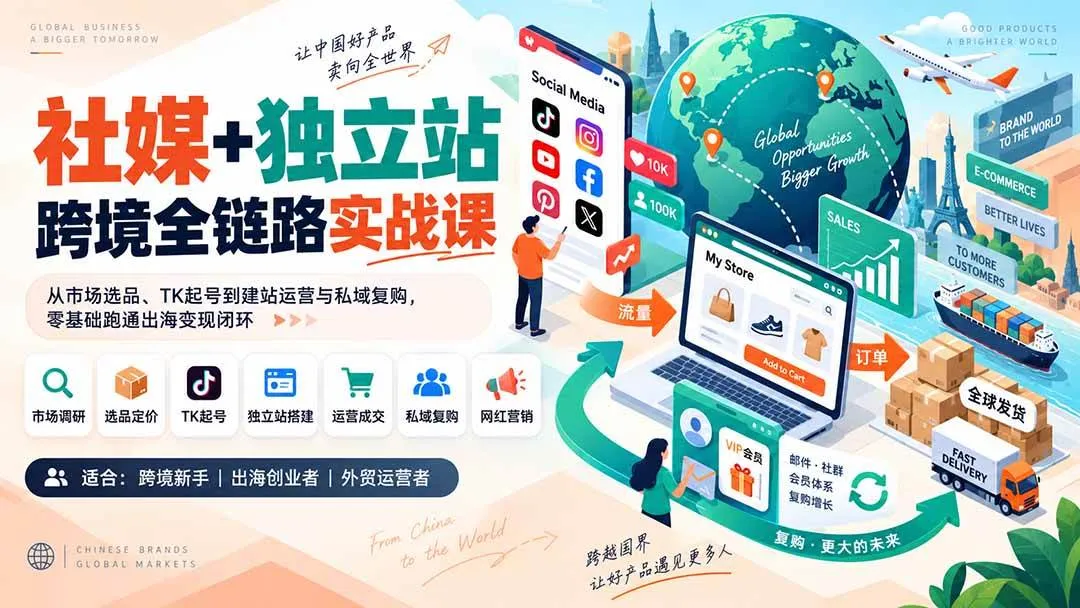 （20361期）社媒+独立站跨境全链路实战课：从市场选品、TK起号到建站运营与私域复购，零基础跑通出海变现闭环-梦帆创业网