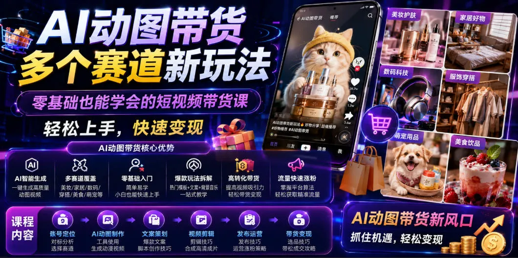 AI动图带货多个赛道新玩法，零基础也能学会的短视频带货课，轻松上手，快速变现-梦帆创业网