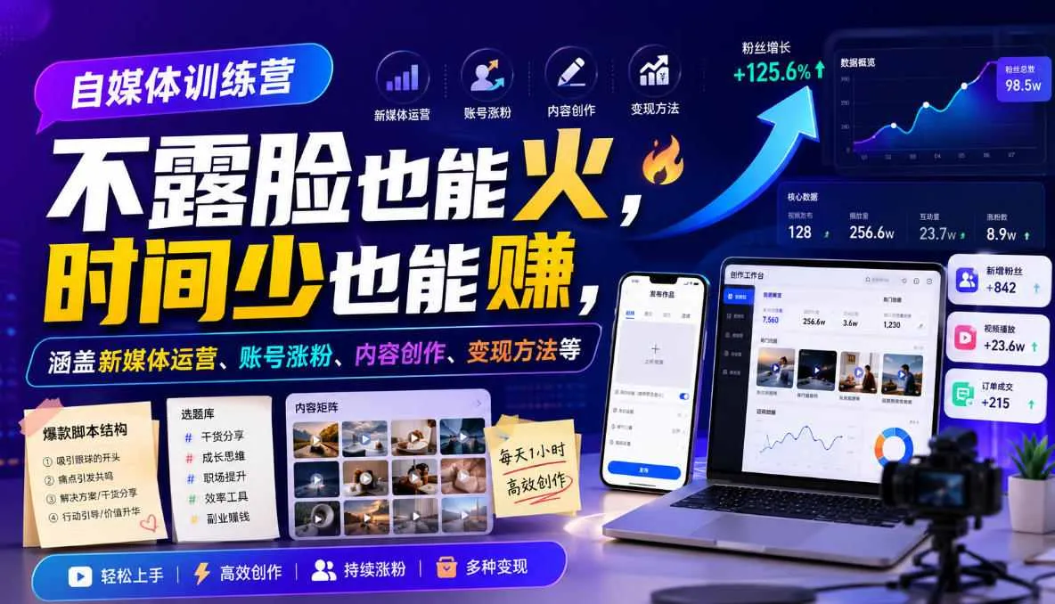 自媒体训练营，不露脸也能火，时间少也能賺，涵盖新媒体运营、账号涨粉、内容创作、变现方法等-梦帆创业网