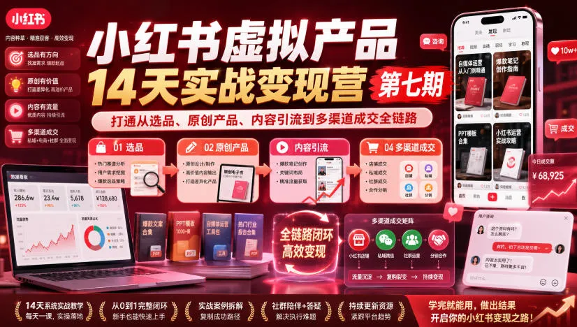 小红书虚拟产品14天实战变现营第七期，打通从选品、原创产品、内容引流到多渠道成交全链路-梦帆创业网