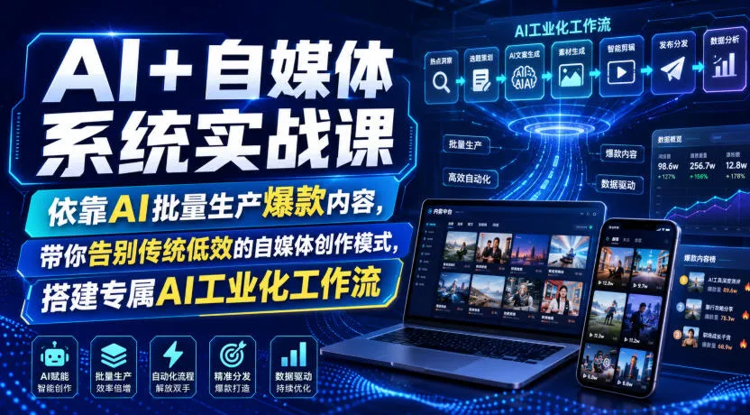 AI+自媒体系统实战课，依靠AI批量生产爆款内容，带你告别传统低效的自媒体创作模式，搭建专属AI工业化工作流-梦帆创业网