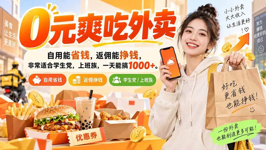 （20309期）0元爽吃外卖，自用能省钱，返佣能挣钱，非常适合学生党，上班族，一天能搞1000+-梦帆创业网