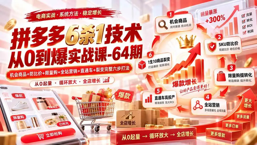 （20315期）拼多多6杀1技术从0到爆实战课-64期：机会商品+防比价+限量购+全站营销+直通车+裂变完整六步打法-梦帆创业网