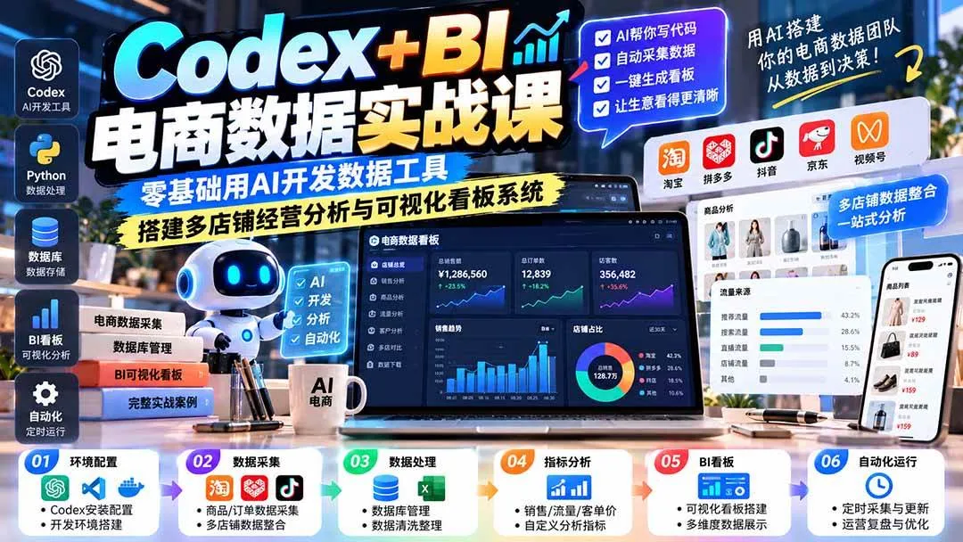 （20665期）Codex+BI电商数据实战课：零基础用AI开发数据工具，搭建多店铺经营分析与可视化看板系统-梦帆创业网