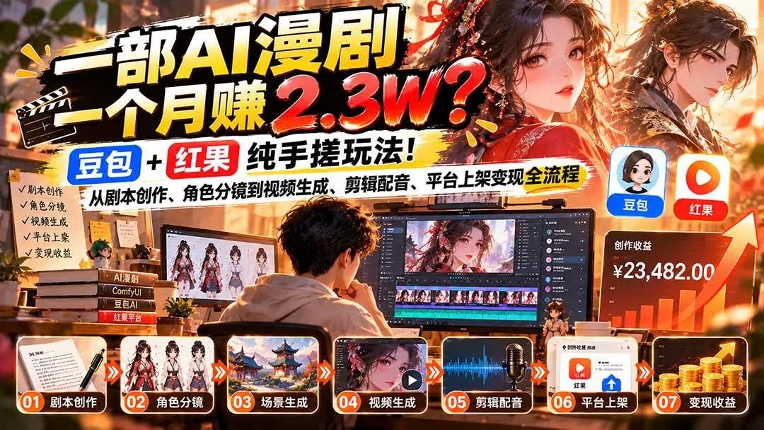 （21089期）一部AI漫剧一个月赚2.3W？豆包+红果纯手搓玩法！从剧本创作、角色分镜到视频生成、剪辑配音、平台上架变现全流程-梦帆创业网