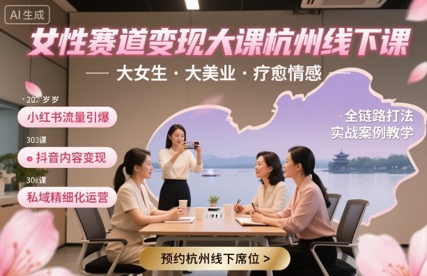 女性赛道变现大课杭州线下，大女生，大美业，疗愈情感，一套小红书、抖音、私域全链路打法-梦帆创业网