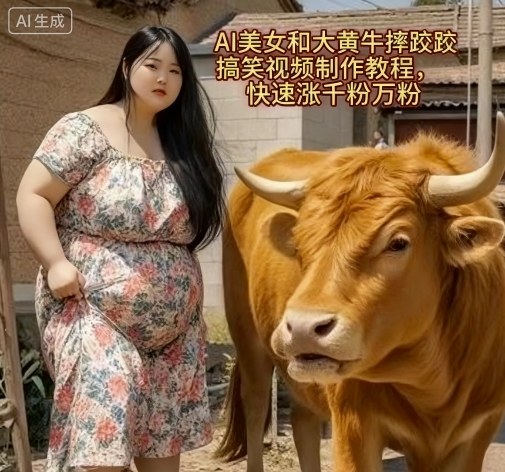 AI美女和大黄牛摔跤搞笑荒诞视频制作教程，快速涨千粉万粉-梦帆创业网