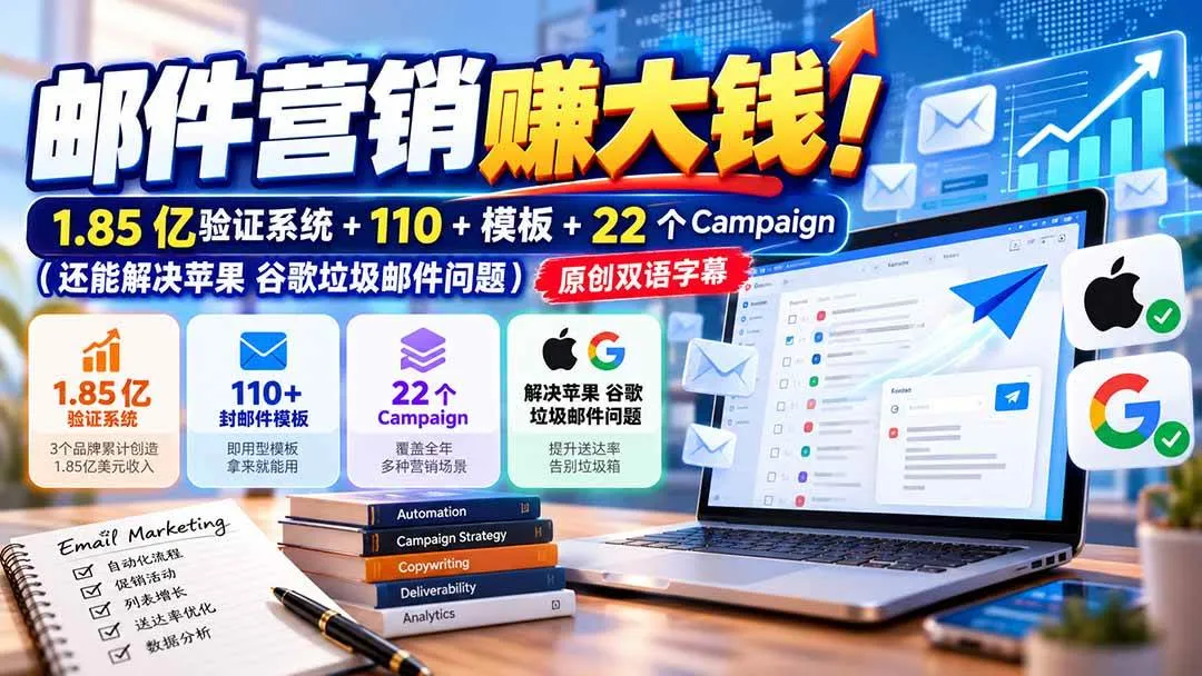 （20984期）邮件营销赚大钱！1.85亿验证系统+110+模板+22个Campaign（还能解决苹果 谷歌垃圾邮件问题）【原创双语字幕】-梦帆创业网