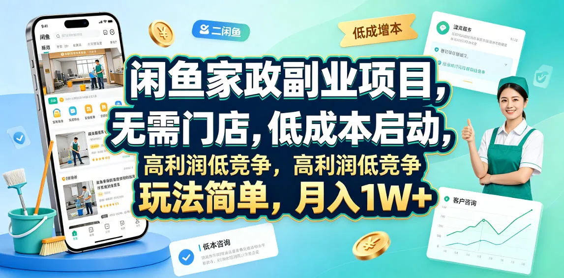闲鱼家政副业项目，无需门店，低成本启动，高利润低竞争，玩法简单，月入1W+-梦帆创业网