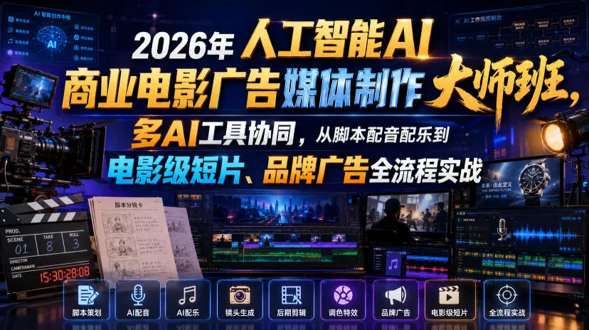 2026年人工智能AI商业电影广告媒体制作大师班，多AI工具协同，从脚本配音配乐到电影级短片、品牌广告全流程实战（中英字幕）-梦帆创业网