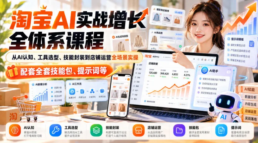淘宝AI实战增长全体系课程,从AI认知、工具选型、技能封装到店铺运营全场景实操,配套全套技能包、提示词等 淘宝AI实战增长全体系课程,从AI认知、工具选型、技能封装到店铺运营全场景实操,配套全套技能包、提示词等
