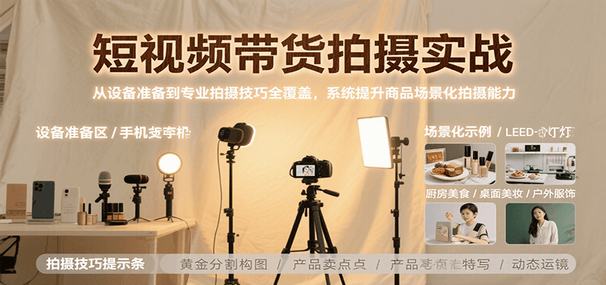 短视频带货拍摄实战，从设备准备到专业拍摄技巧全覆盖，系统提升商品场景化拍摄能力-梦帆创业网