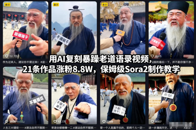 用AI复刻暴躁老道语录视频，21条作品涨粉8.8W，保姆级Sora2制作教学-梦帆创业网