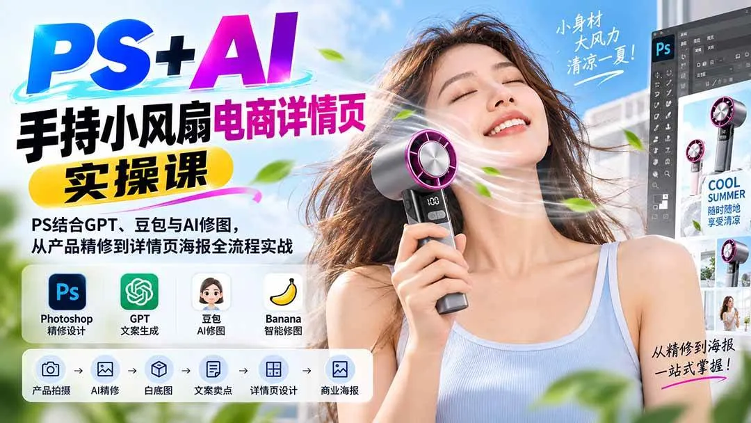 （20273期）PS+AI手持小风扇电商详情页实操课：PS结合GPT、豆包与AI修图，从产品精修到详情页海报全流程实战-梦帆创业网