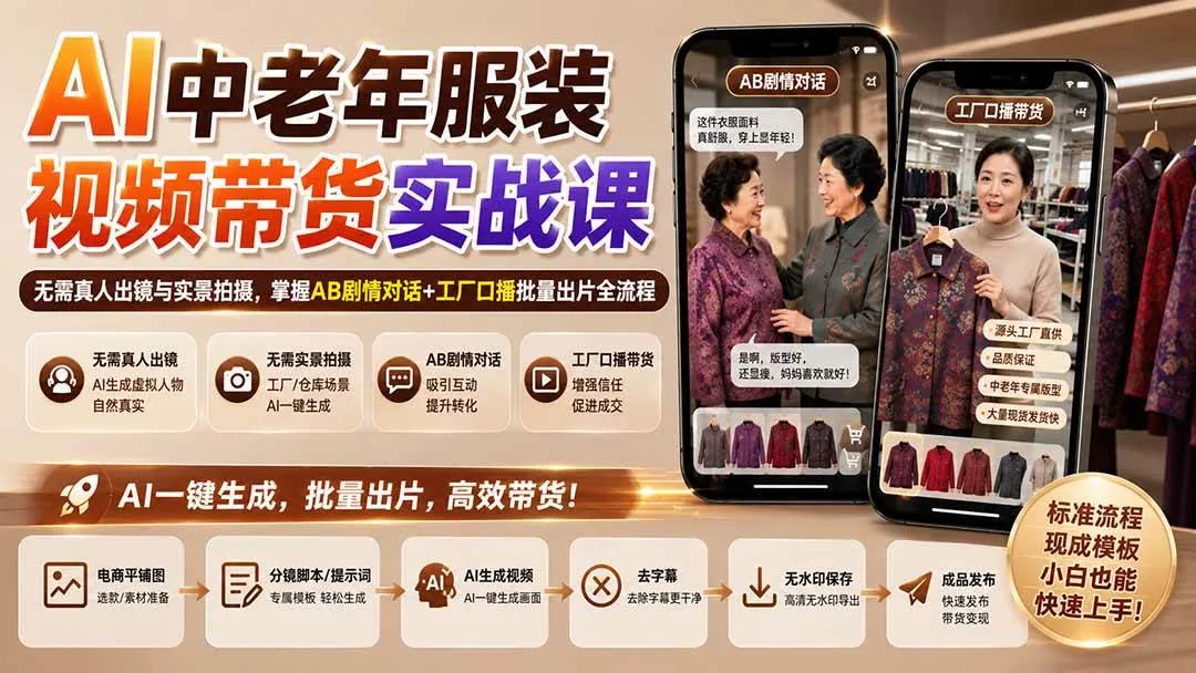（20198期）AI中老年服装视频带货实战课：无需真人出镜与实景拍摄，掌握AB剧情对话+工厂口播批量出片全流程-梦帆创业网