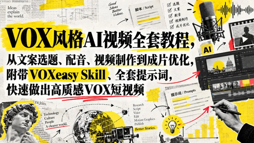 VOX风格AI视频全套教程，从文案选题、配音、视频制作到成片优化，附带VOXeasy Skill、全套提示词，快速做出高质感VOX短视频-梦帆创业网