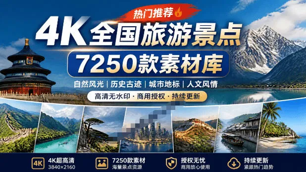 热门全国旅游风景素材！4K全国旅游景点素材库，7250款素材，旅行达人城市航拍风景风光高清短视频-梦帆创业网