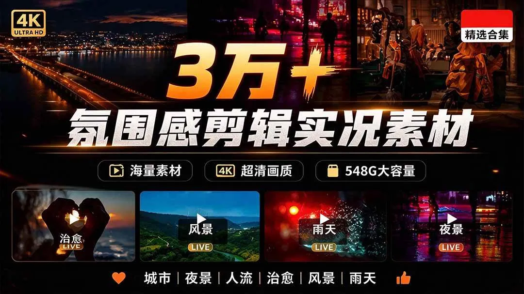 （21009期）氛围感3万+海量高清剪辑实况素材，含雨天、雪天、夜景、街道等经典场景，伤感唯美励志短视频无水印素材-梦帆创业网