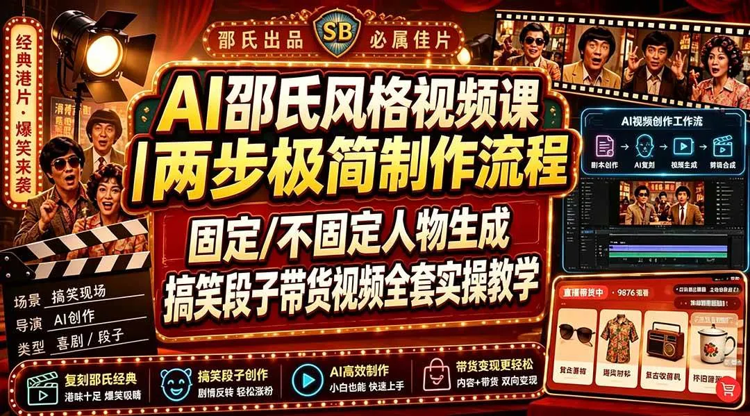 （19602期）AI邵氏风格视频课｜两步极简制作流程，固定/不固定人物生成，搞笑段子带货视频全套实操教学-梦帆创业网