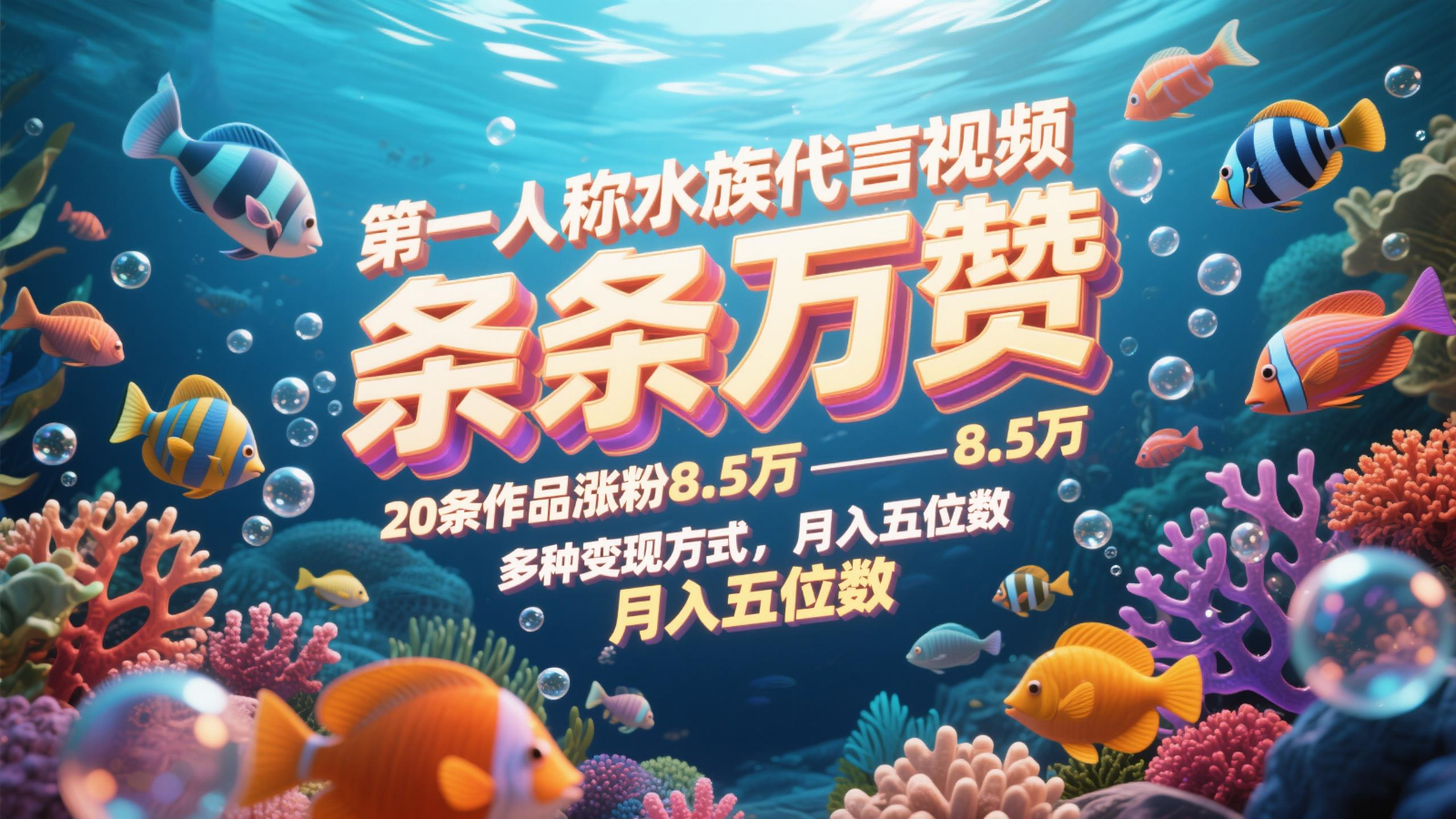 第一人称水族代言视频，条条万赞，20条作品涨粉8.5万，多种变现方式月，入五位数-梦帆创业网