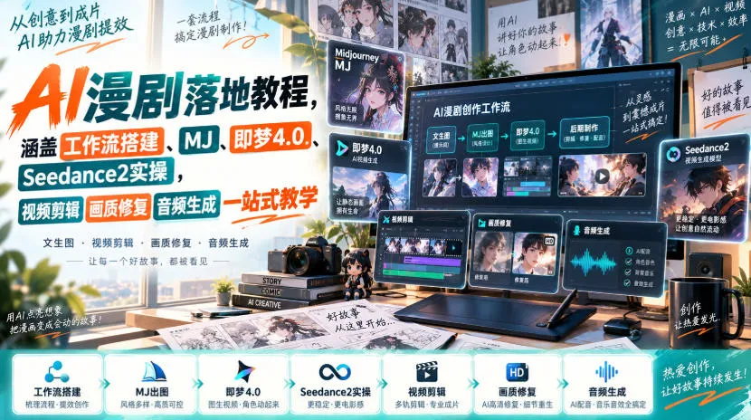 AI漫剧落地教程，涵盖工作流搭建、MJ、即梦4.0、Seedance2实操，视频剪辑画质修复音频生成一站式教学-梦帆创业网