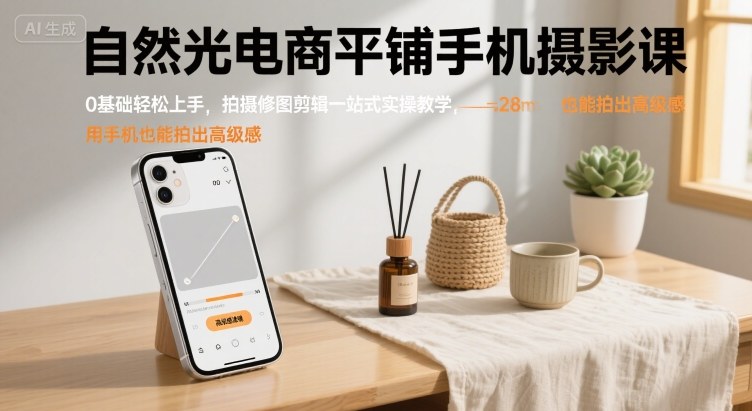 自然光电商平铺手机摄影课，0基础轻松上手，拍摄修图剪辑一站式实操教学，用手机也能拍出高级感-梦帆创业网