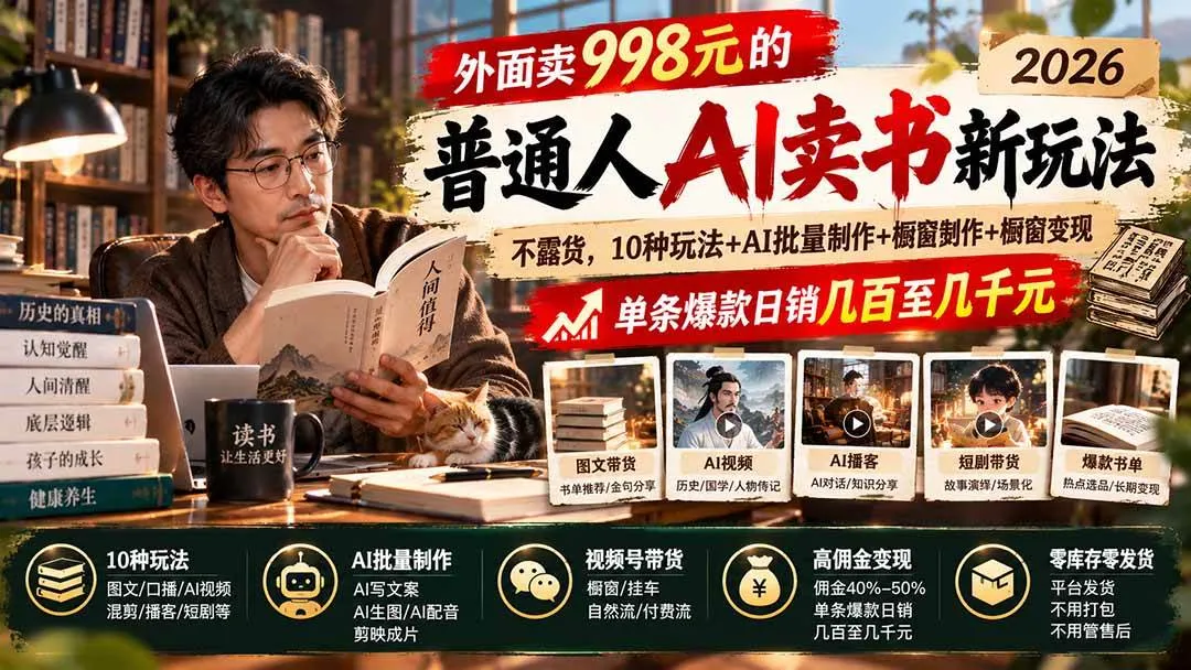 （20909期）外面卖998元的2026普通人AI卖书新玩法：不露脸、不囤货，10种玩法+AI批量制作+橱窗变现，单条爆款日销几百至几千元-梦帆创业网