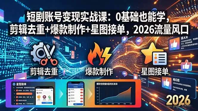 （18160期）短剧账号变现实战课：0基础也能学，剪辑去重+爆款制作+星图接单，2026流量风口-梦帆创业网