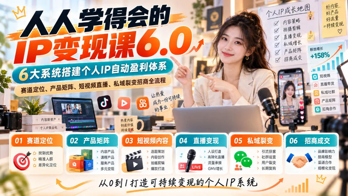 人人学得会的IP变现课6.0，6大系统搭建个人IP自动盈利体系，赛道定位、产品矩阵、短视频直播、私域裂变招商全流程-梦帆创业网