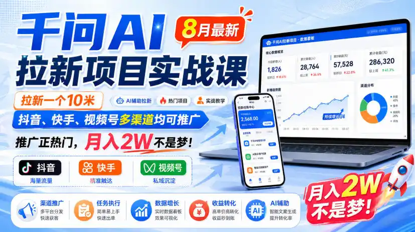 千问AI拉新项目实战课8月最新,拉新一个10米,抖音、快手、视频号多渠道均可推广,推广正热门,月入2W不是梦!(更新1028)