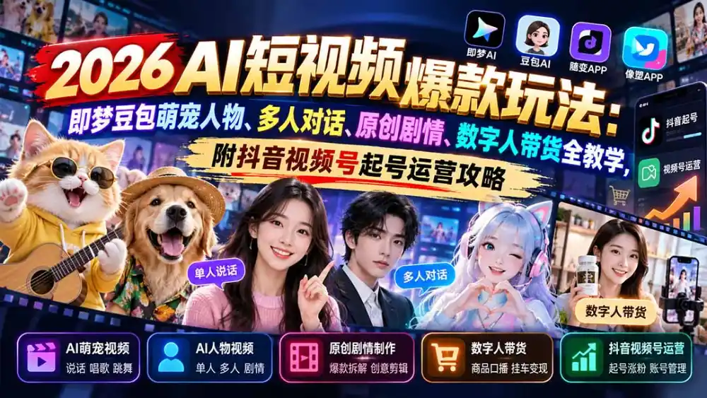 2026AI短视频爆款玩法：即梦豆包萌宠人物、多人对话、原创剧情、数字人带货全教学，附抖音视频号起号运营攻略-梦帆创业网