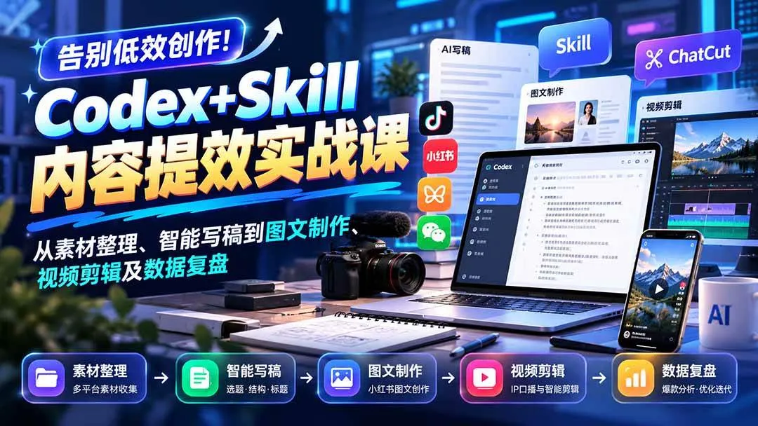 （20915期）【无水印】告别低效创作！Codex+Skill内容提效实战课：从素材整理、智能写稿到图文制作、视频剪辑及数据复盘-梦帆创业网