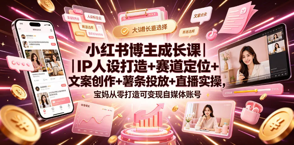 小红书博主成长课｜IP人设打造+赛道定位+文案创作+薯条投放+直播实操，宝妈从零打造可变现自媒体账号-梦帆创业网