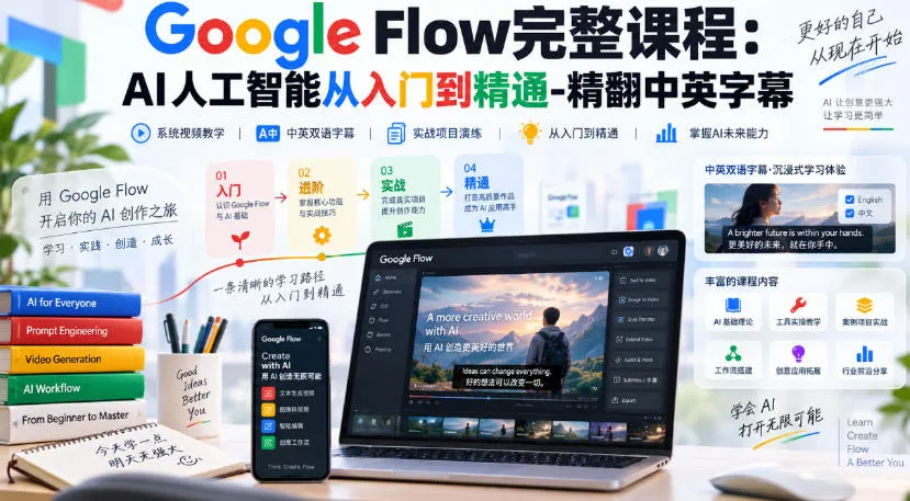 【无水印】Google Flow完整课程：AI人工智能从入门到精通-精翻中英字幕-梦帆创业网