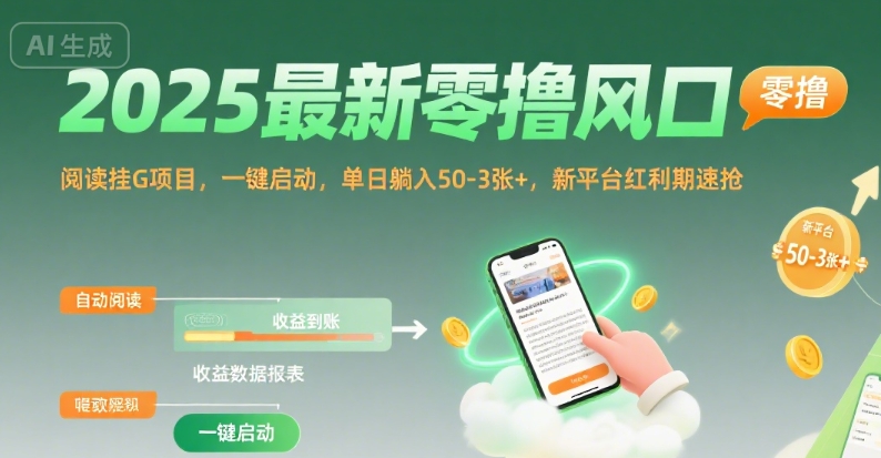 2025最新零撸风口，阅读挂G项目，一键启动，单日躺入 50-3张+，新平台红利期速抢【揭秘】-梦帆创业网