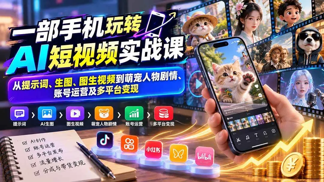 （20663期）一部手机玩转AI短视频实战课：从提示词、生图、图生视频到萌宠人物剧情、账号运营及多平台变现-梦帆创业网