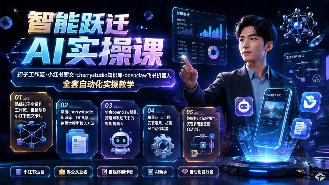 (19653期)智能跃迁 AI实操课|扣子工作流小红书图文搭建,cherrystudio知识库openclaw飞书机器人全套自动化实操教学 (19653期)智能跃迁 AI实操课|扣子工作流小红书图文搭建,cherrystudio知识库openclaw飞书机器人全套自动化实操教学