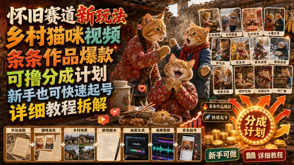 怀旧赛道新玩法，乡村猫咪视频，条条作品爆款，可撸分成计划，新手也可快速起号，详细教程拆解-梦帆创业网