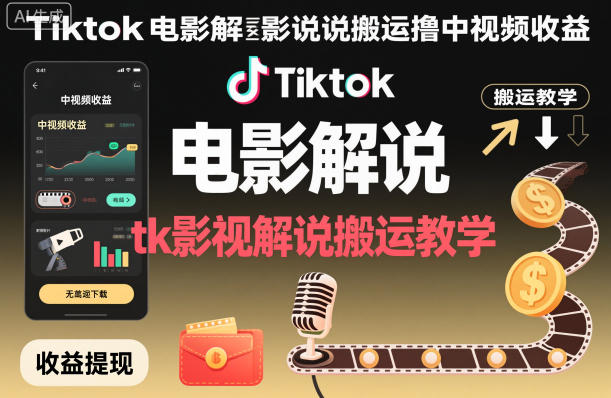 Tiktok电影解说搬运撸中视频收益，tk影视解说搬运教学-梦帆创业网