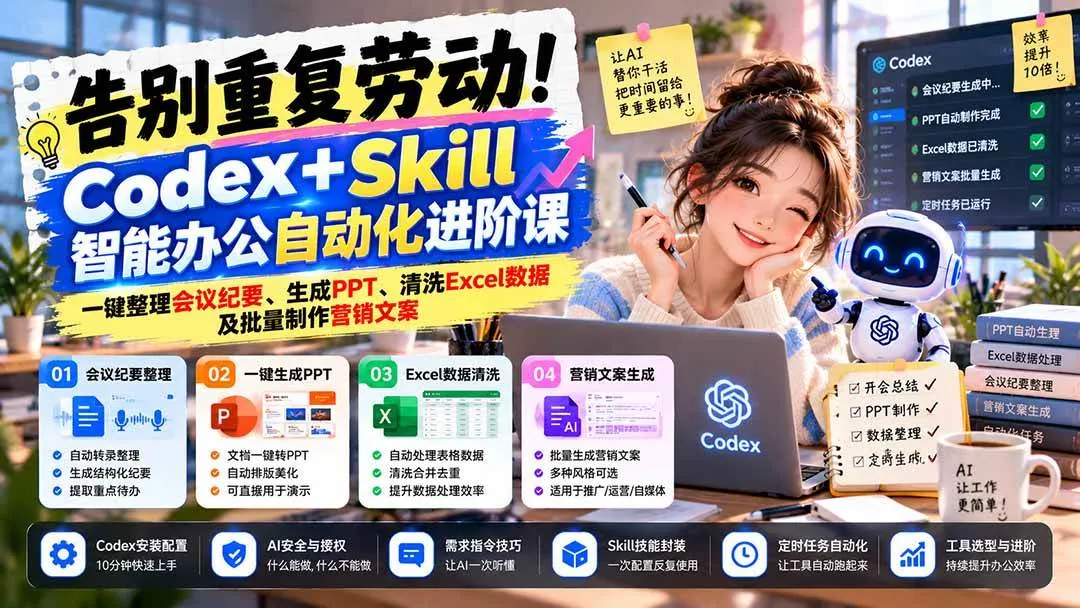 （21001期）告别重复劳动！Codex+Skill智能办公自动化进阶课：一键整理会议纪要、生成PPT、清洗Excel数据及批量制作营销文案-梦帆创业网