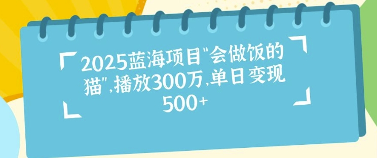 2025蓝海项目“会做饭的猫”，播放300万，单日变现多张-梦帆创业网