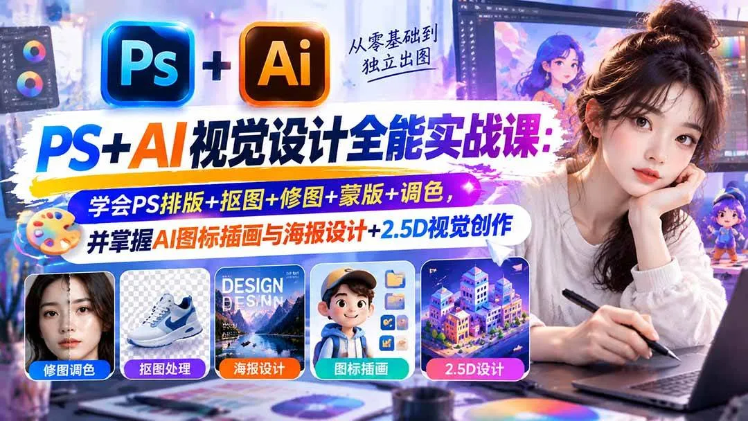 （20749期）【无水印】PS+AI视觉设计全能实战课：学会PS排版+抠图+修图+蒙版+调色，并掌握AI图标插画与海报设计+2.5D视觉创作-梦帆创业网