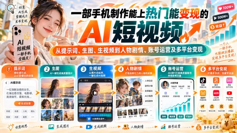 【无水印】一部手机制作能上热门能变现的AI短视频，从提示词、生图、生视频到人物剧情、账号运营及多平台变现-梦帆创业网