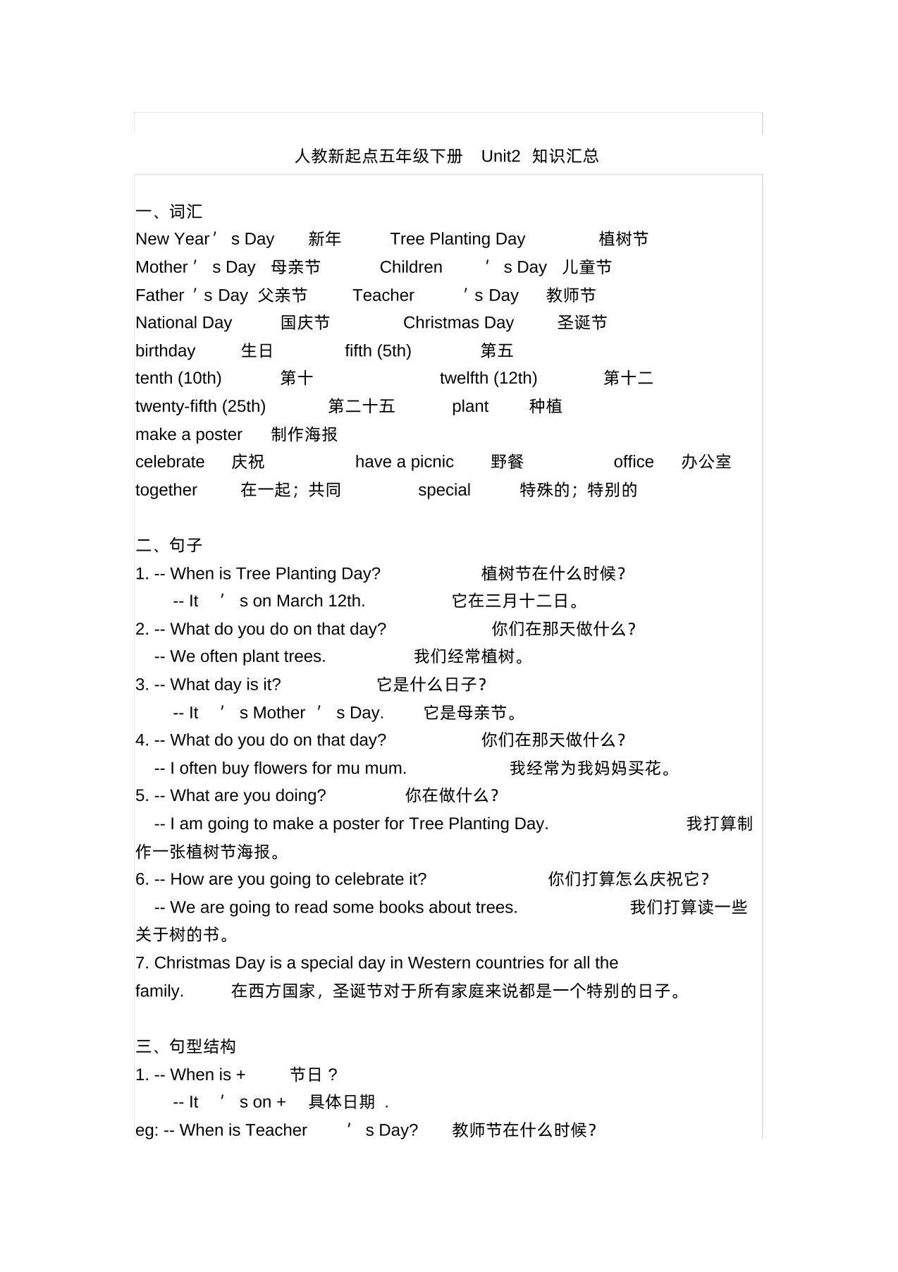 五下人教版一起点英语【期末知识清单汇总】-梦帆创业网
