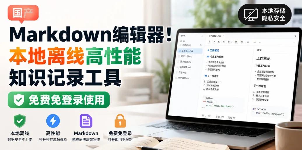国产Markdown编辑器!本地离线高性能知识记录工具,免费免登录使用 国产Markdown编辑器!本地离线高性能知识记录工具,免费免登录使用