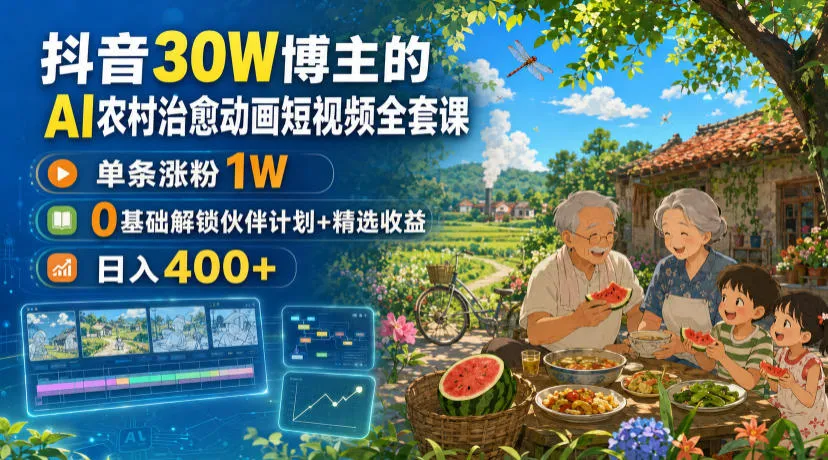 抖音30W博主的AI农村治愈动画短视频全套课｜单条涨粉1W，0基础解锁伙伴计划+精选收益，日入400+-梦帆创业网