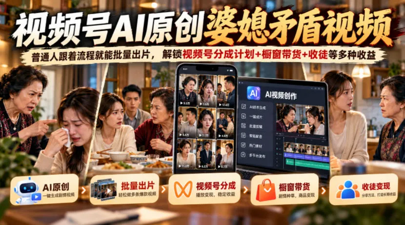 视频号ai原创婆媳矛盾视频，普通人跟着流程就能批量出片，解锁视频号分成计划+橱窗带货+收徒等多种收益-梦帆创业网